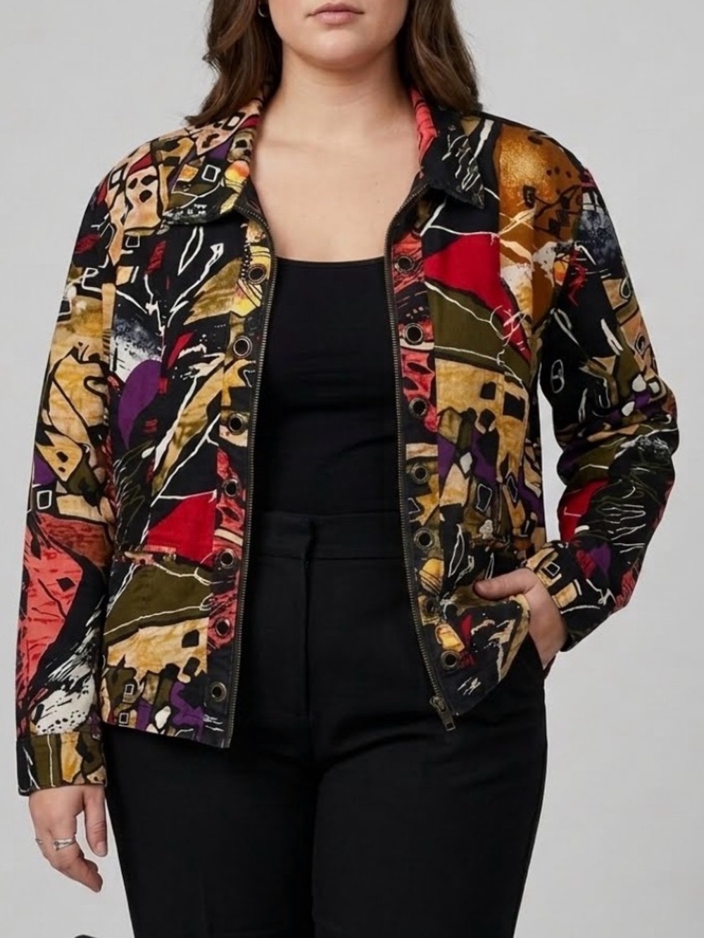 Vintage 100% Cotton Abstract Colorful Print Women Grommet Detail Zip Jacket EUC